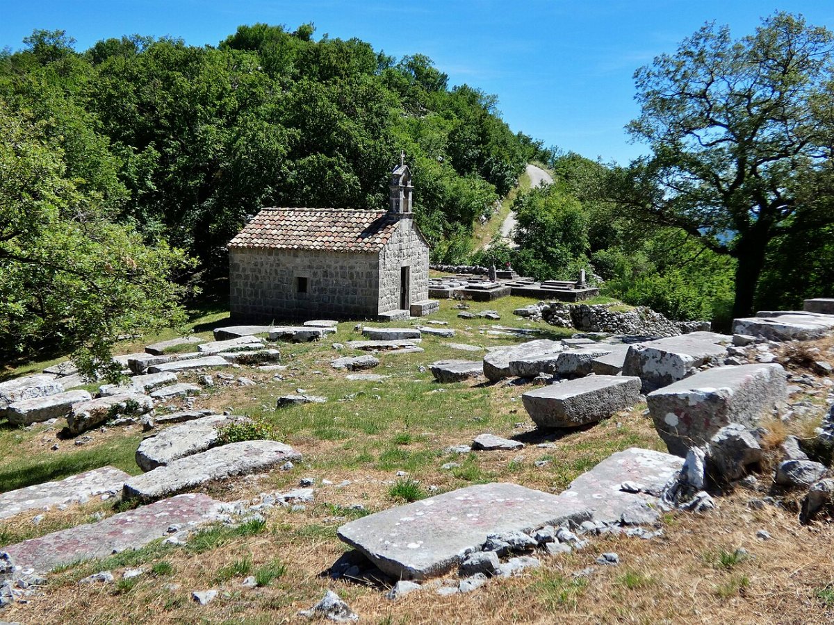 Cemetery with stecci and church of st barbara dubravka